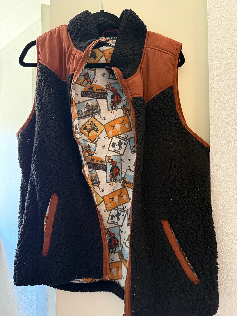 Black Sherpa Vest with Brown Trim - Western Lined Women's Vest